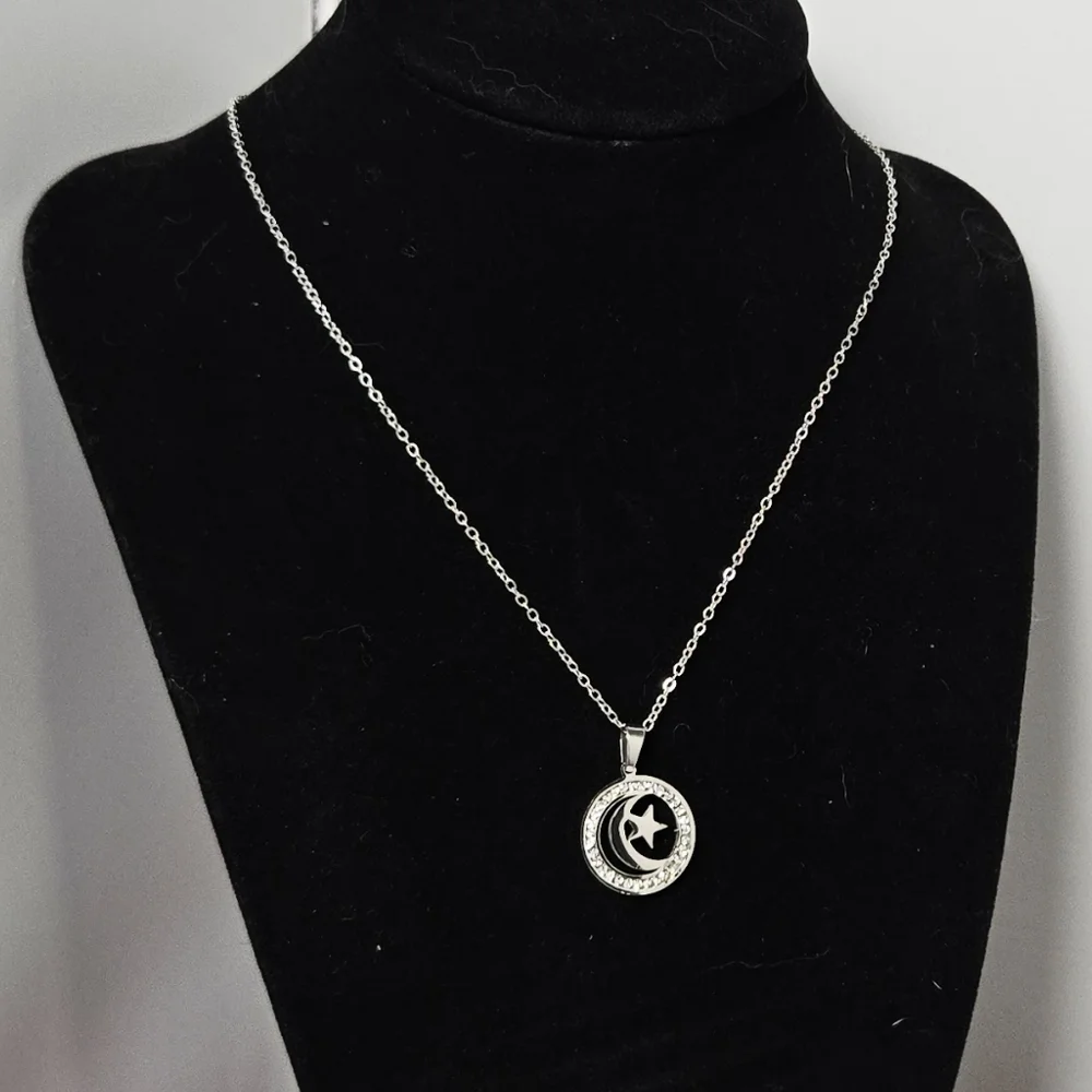Crescent Moon Star Necklace Silver CZ Crystal Celestial Pendant Stainless Steel